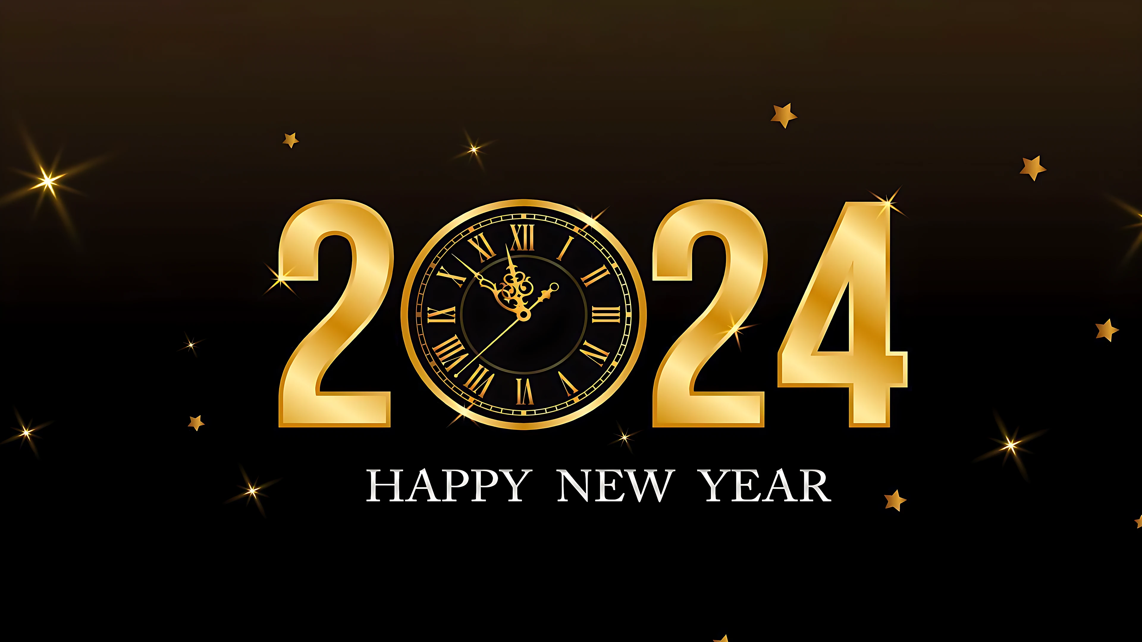 2024 happy new year with golden texture numbers clock and light 4k UHD Wallpaper