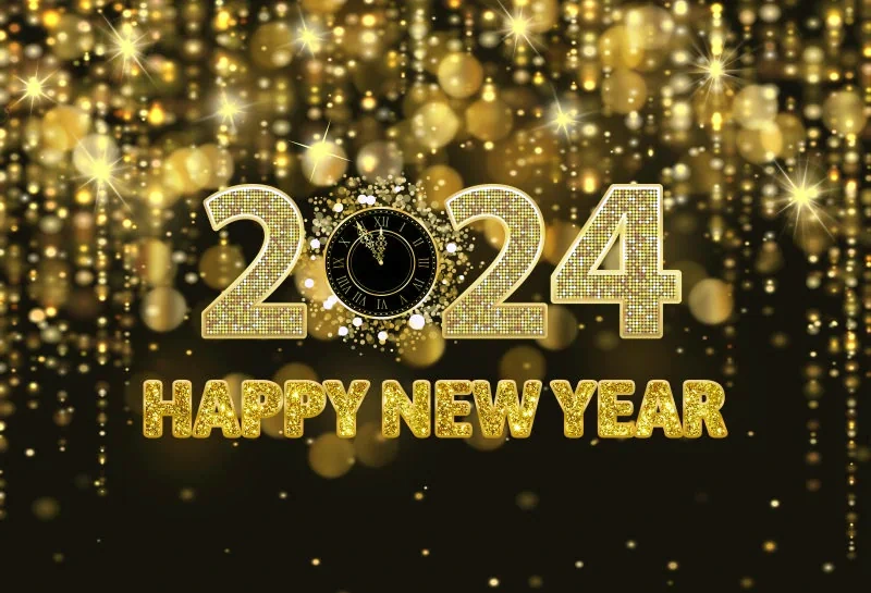 Gold Glitter, golden text number with clock 2024 happy new year eve party image