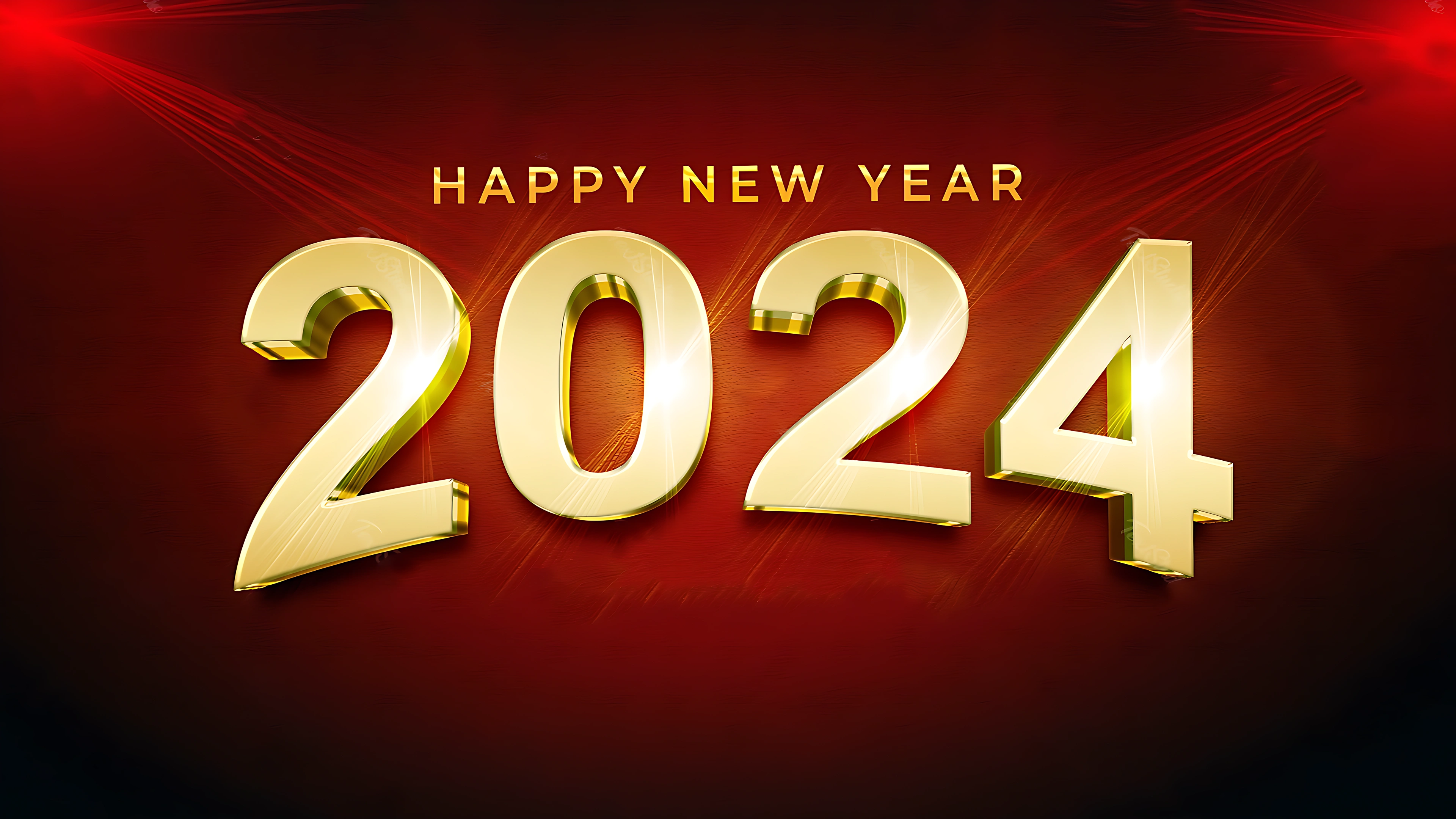 Happy New Year 2024 Golden Text and red background effect 4K UHD Wallpaper for desktop pc
