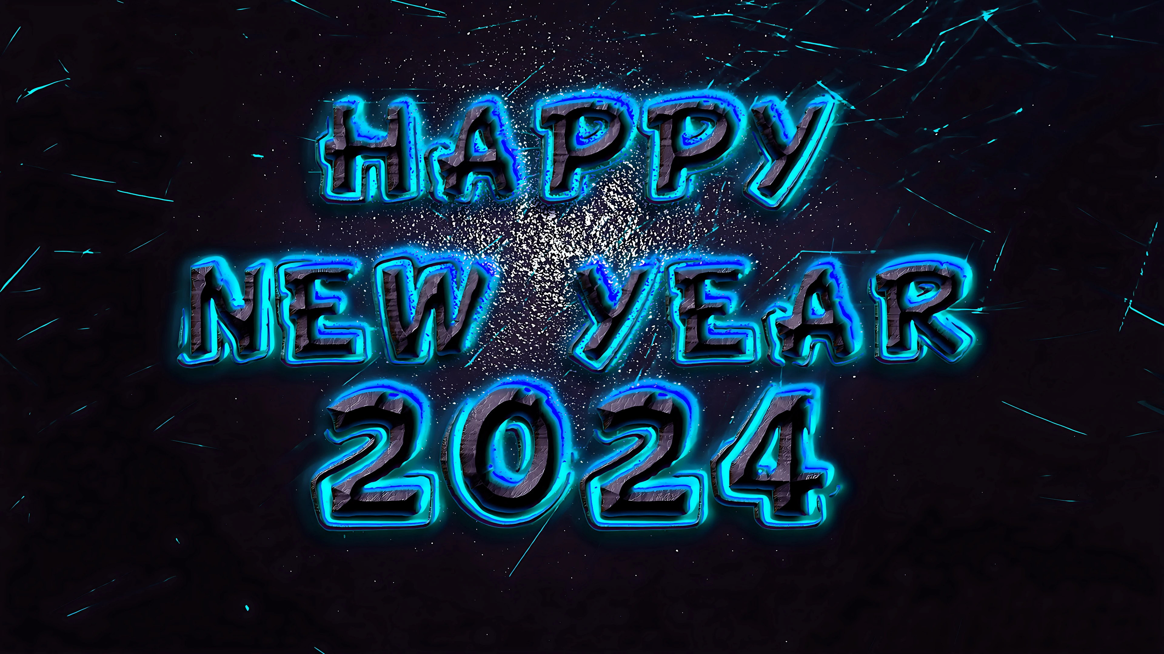 Happy New Year 2024 wallpapers with aqua color shadow effect on metal text. 4K Ultra HD image for desktop pc