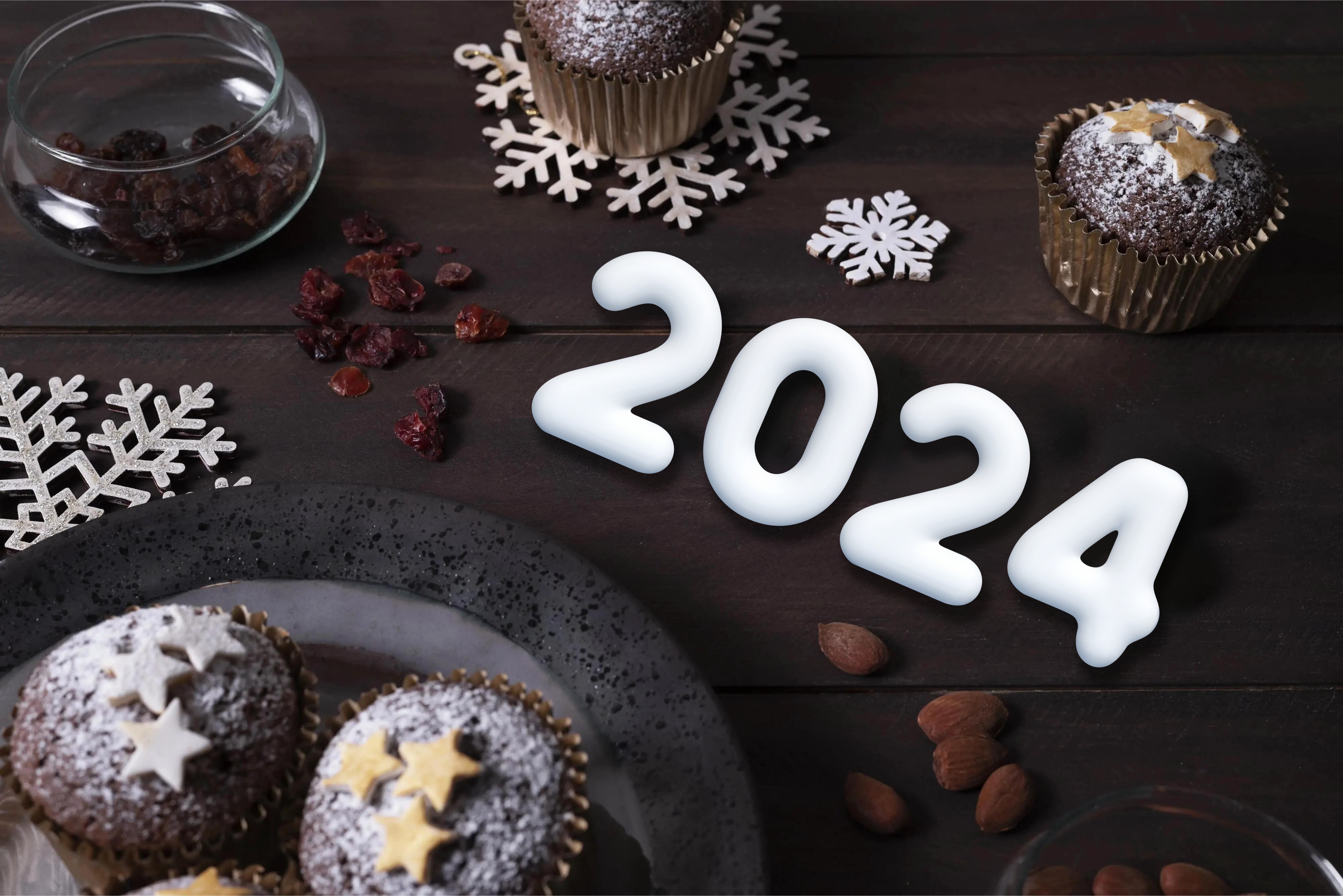 New Year 2024 4k Ultra HD Wallpaper Number With Christmas Cake
