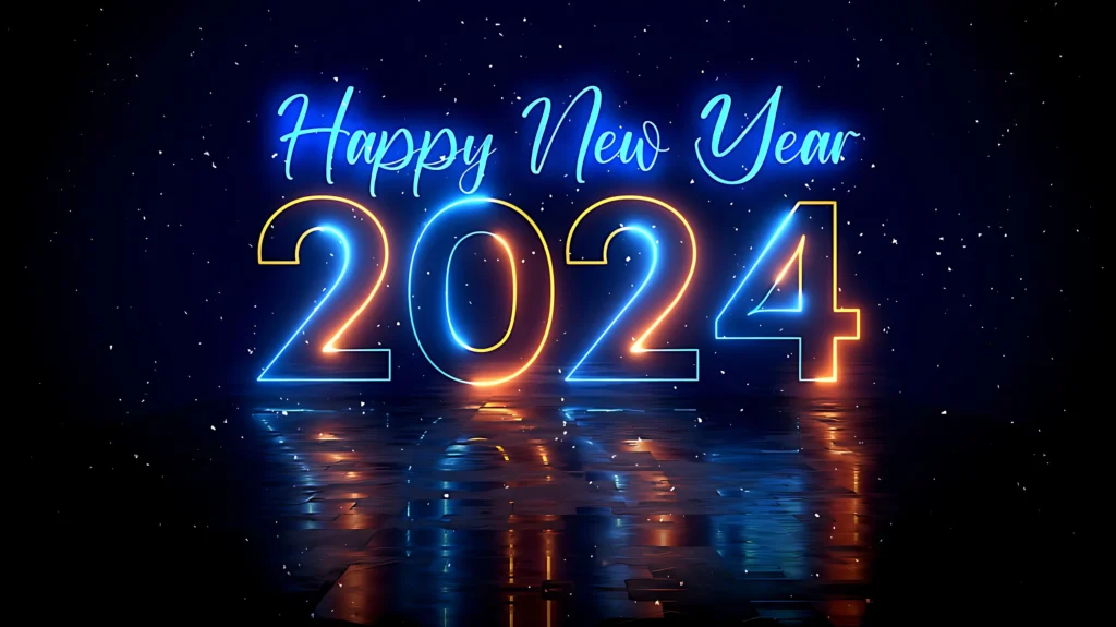 Red Blue Neon Light Happy New Year 2024 With Floor Reflection Falling Snow
