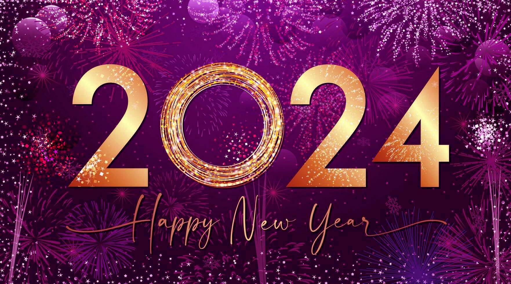 golden shiny number 2024 and handwritten style text a happy new year greeting card concept with glittering background christmas night eve celebrating poster isolated elements graphic design vector