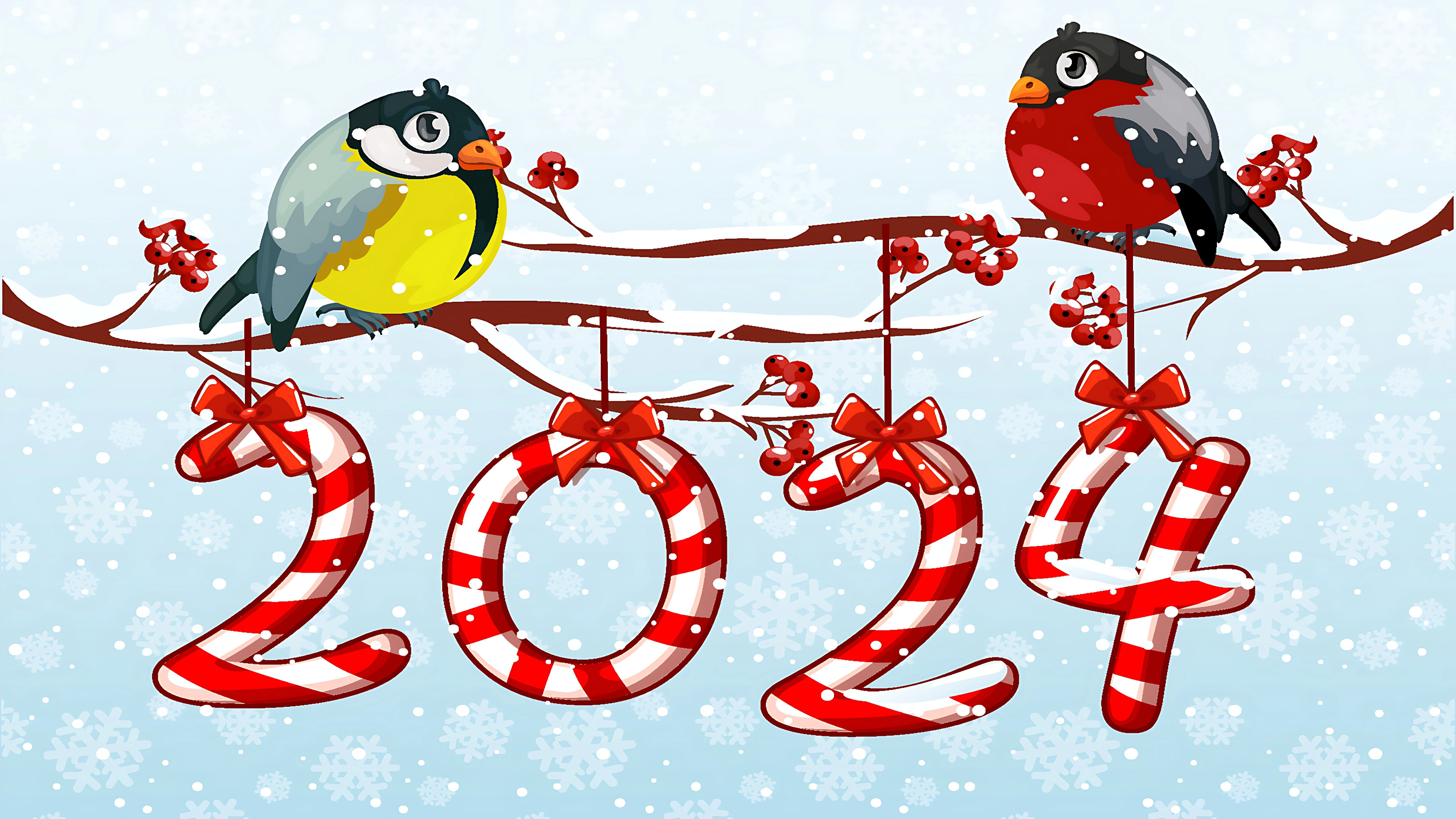 greeting 4k UHD Wallpaper for happy new year 2024 with candy cartoon bird tit and bullfinch on branch 2024 vector