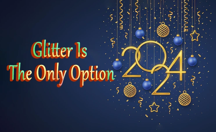 happy new 2024 year hanging golden metallic numbers 2024 with shining 3d metallic stars balls confetti blue background new year greeting card