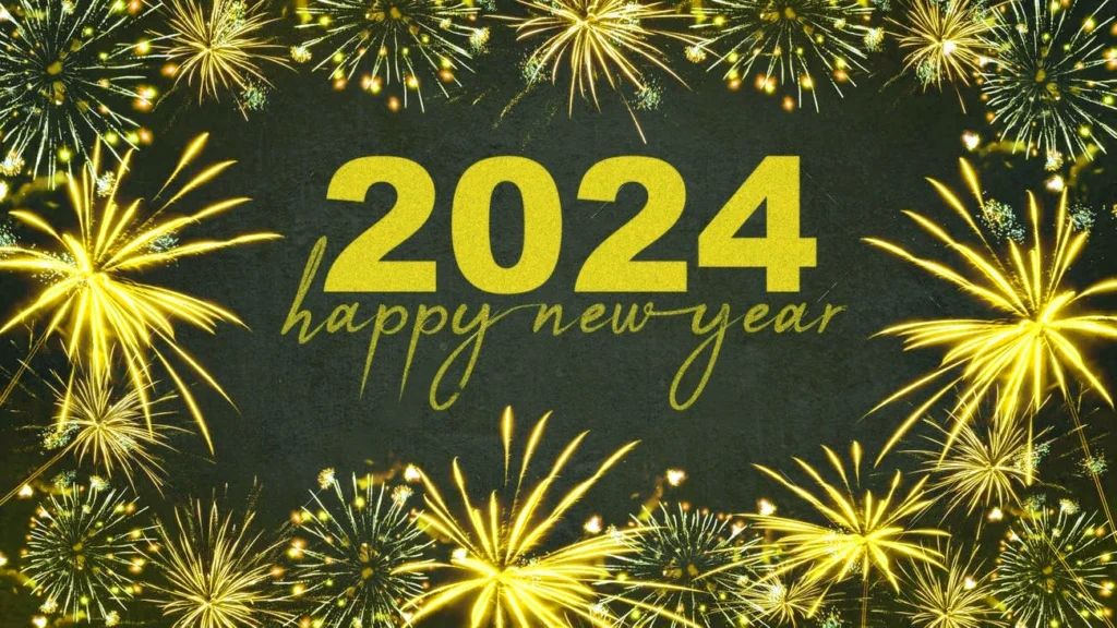 happy new year 2024 festive silvester new year s eve party background greeting card golden fireworks