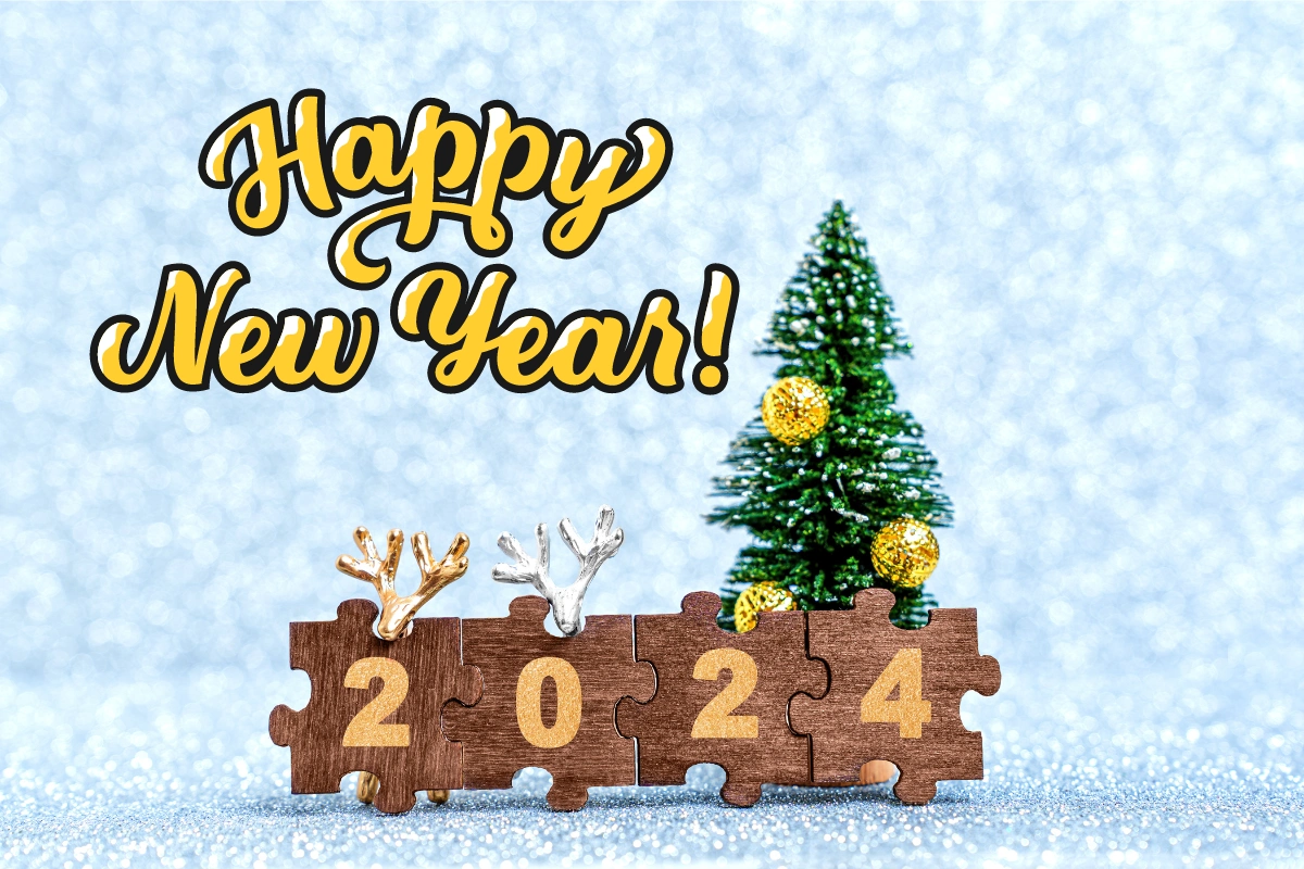 happy new year 2024 image with Christmas tree background