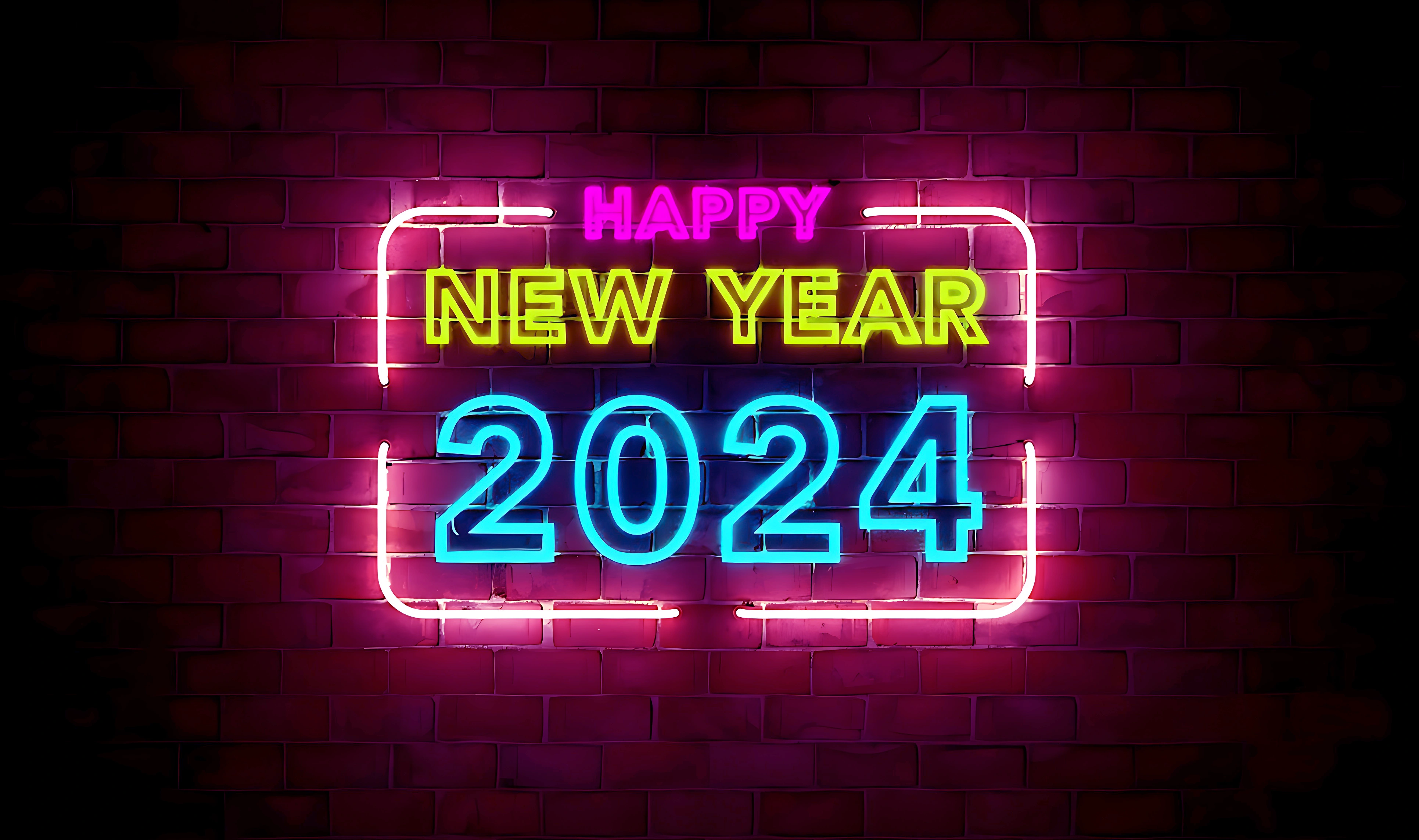 happy new year 2024 neon light on wall 4K uhd wallpaper download