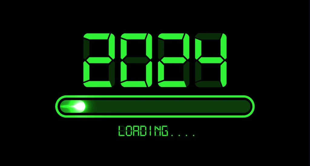loading to up 2023 happy new year green led neon digital time style progress bar almost reaching new year eve illustration with display 2023 loading isolated or black background vector