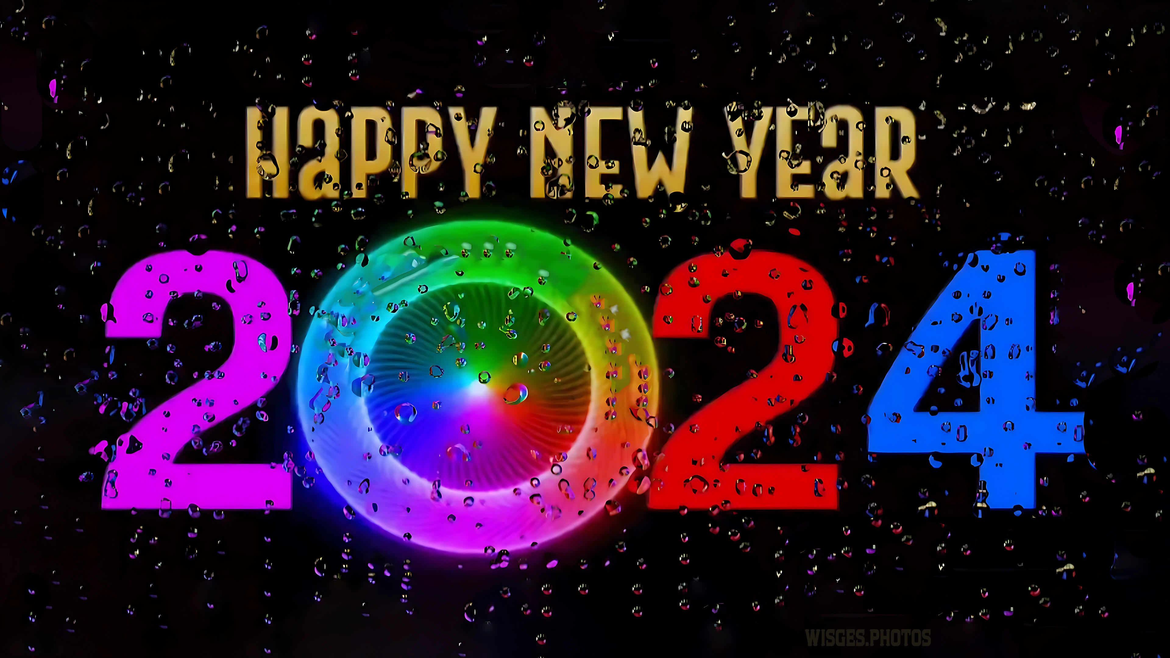 rainbow water drop on glass of colors Happy New Year 2024 greeting wallpaper for PC or laptop
