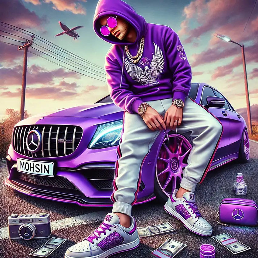 A hyper stylized digital artwork of a stylish young boy leaning against a luxury car in a rural setting. The boy is wearing a purple hoodie with a log dp