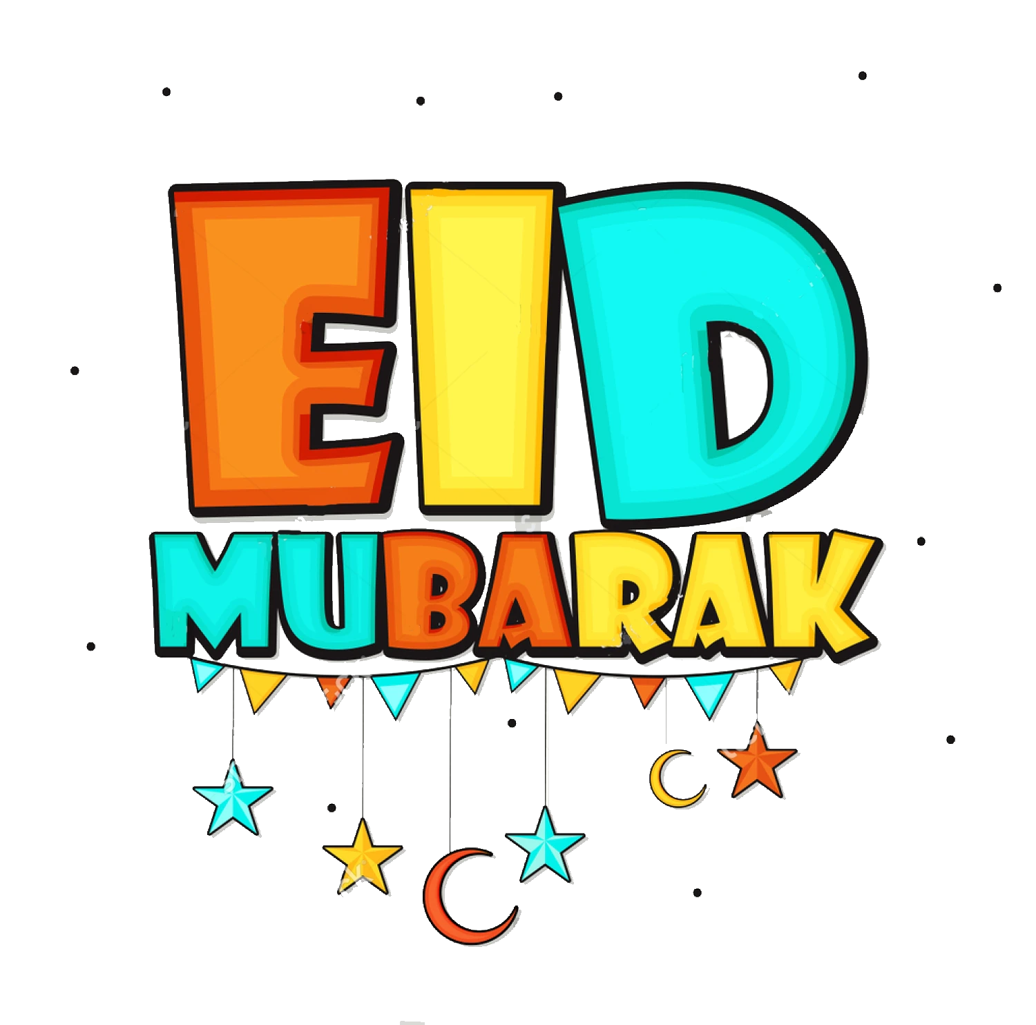 Colorful eid mubarak calligraphy with moon and stars background
