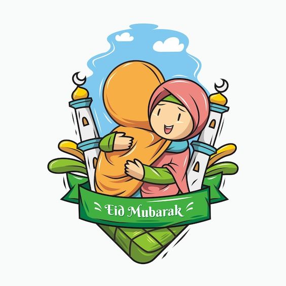 Eid mubarak baby girl cartoon. hug