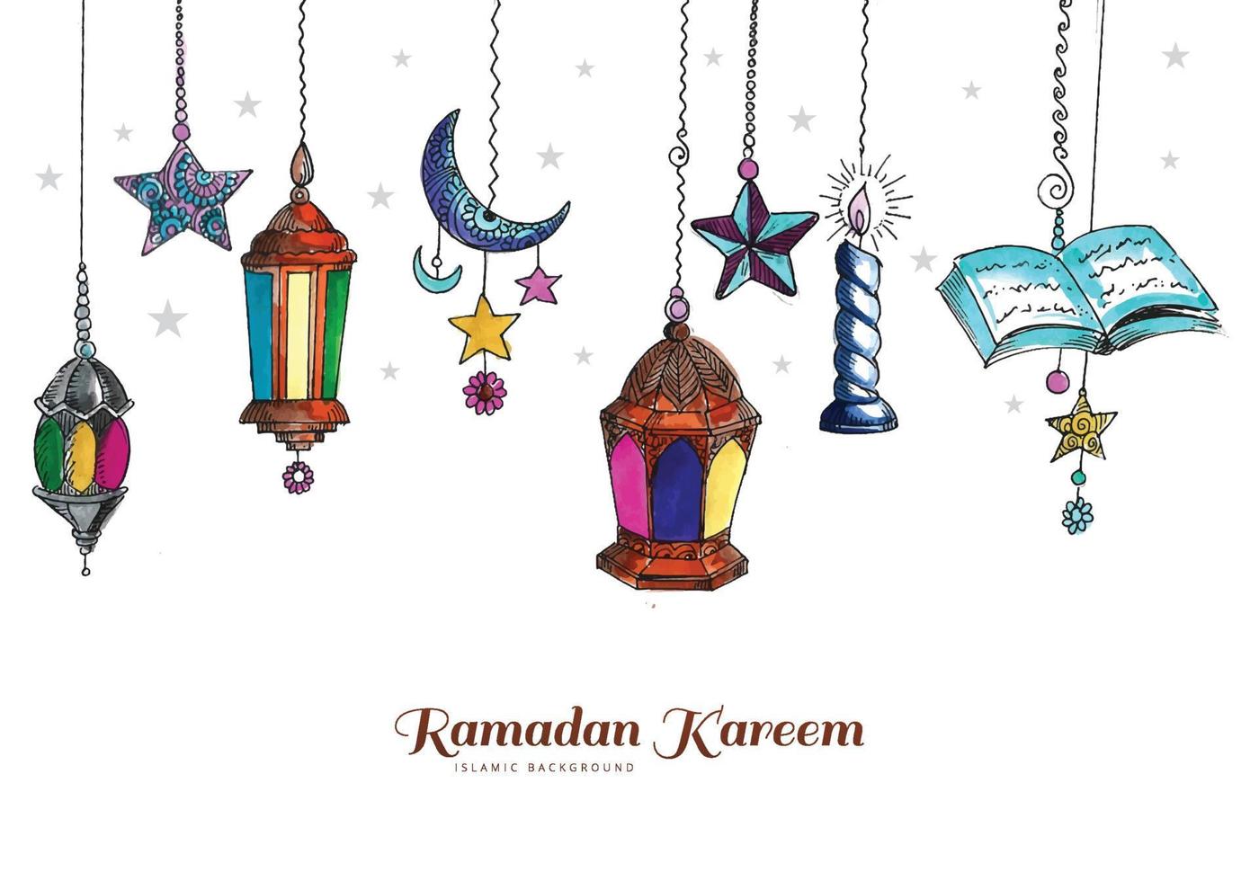 Beautiful Decorative Islamic Ramadan Kareem Festival Greeting With Lamp And Moon Background Free Vector