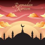 Poster Design Beautiful Sky View With Many Stars And Clouds On The Night Of Ramadan Kareem Time For Sahur Happy Fasting For Every Muslim Free Vector
