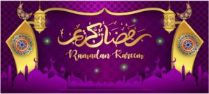 Ramadan Kareem Concept Banner 3d Gold Frame Arabic Window On Beautiful Background Beautiful Arabic Pattern Illustration Hanging Golden Crescent Moon And Paper Cut Stars At Clouds For Text Free Vector