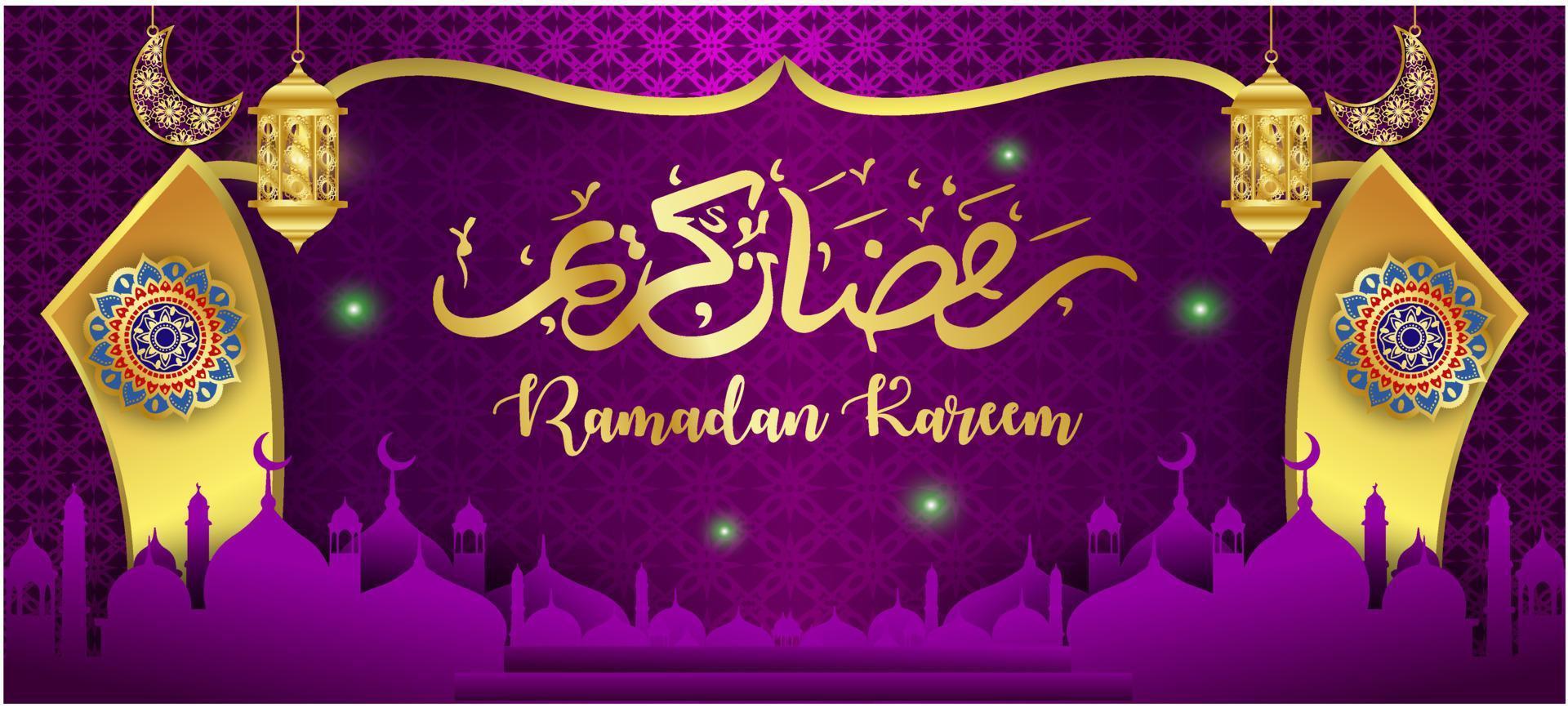 Ramadan Kareem Concept Banner 3d Gold Frame Arabic Window On Beautiful Background Beautiful Arabic Pattern Illustration Hanging Golden Crescent Moon And Paper Cut Stars At Clouds For Text Free Vector