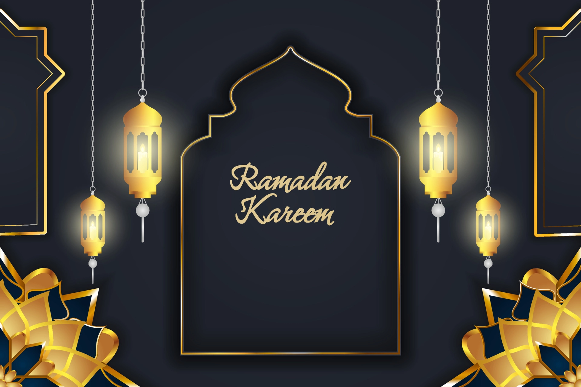 Ramadan Kareem Islamic Background Black Gold Luxury With Beautiful Lamp Vector