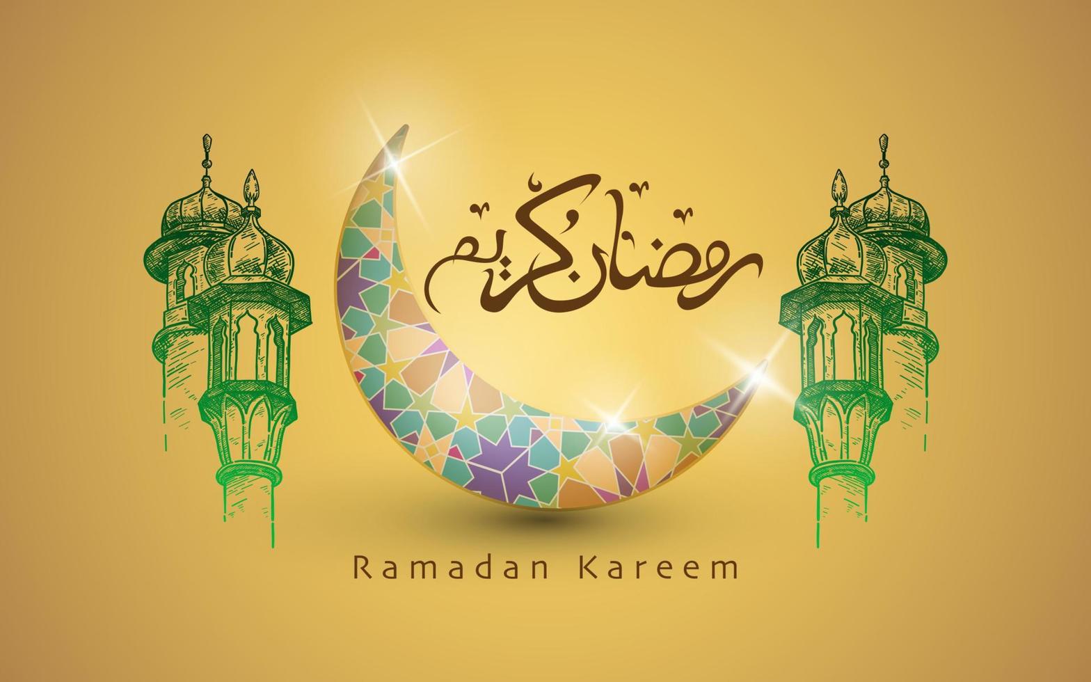 Ramadan Kareem Islamic Design With Hand Drawn Calligraphies Beautiful Crescent Moon And Mosque Dome Vector