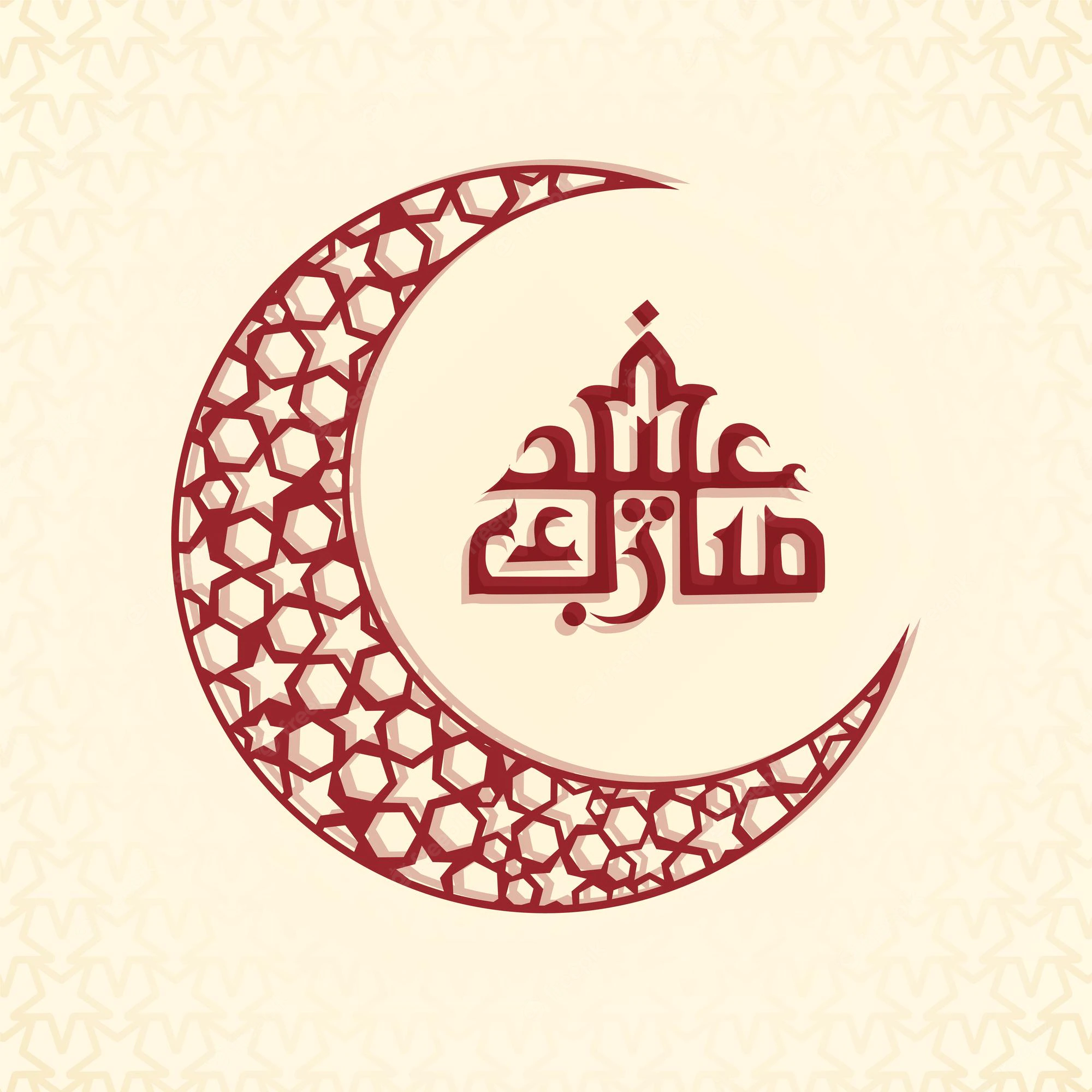 red eid mubarak calligraphy arabic language with geometrical crescent moon pastel yellow star pattern background