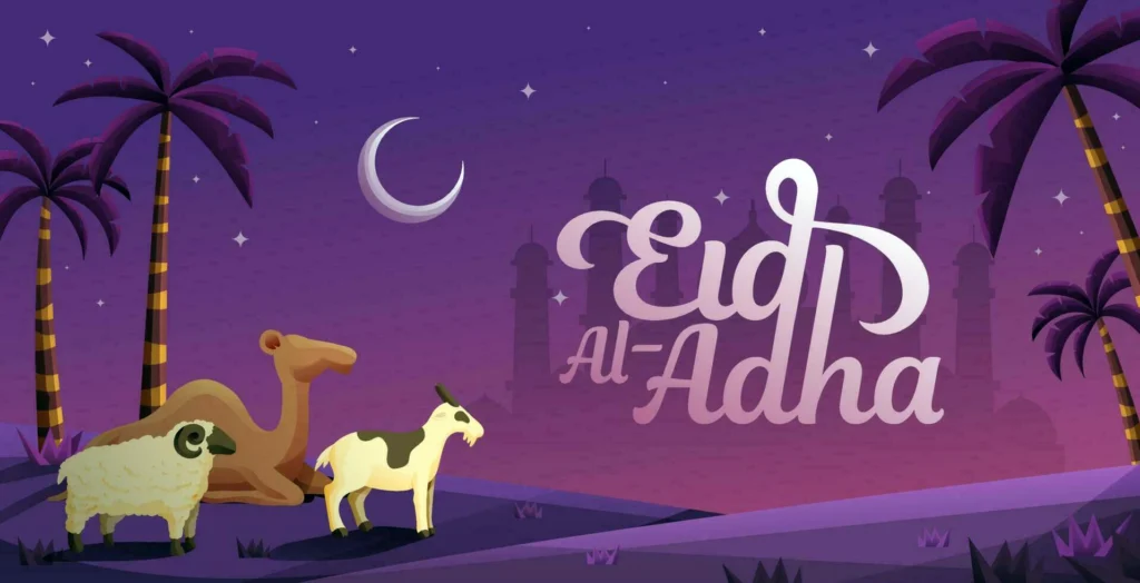 eid al adha banner with sacrifice animal palm tree crescent moon and mosque background vector