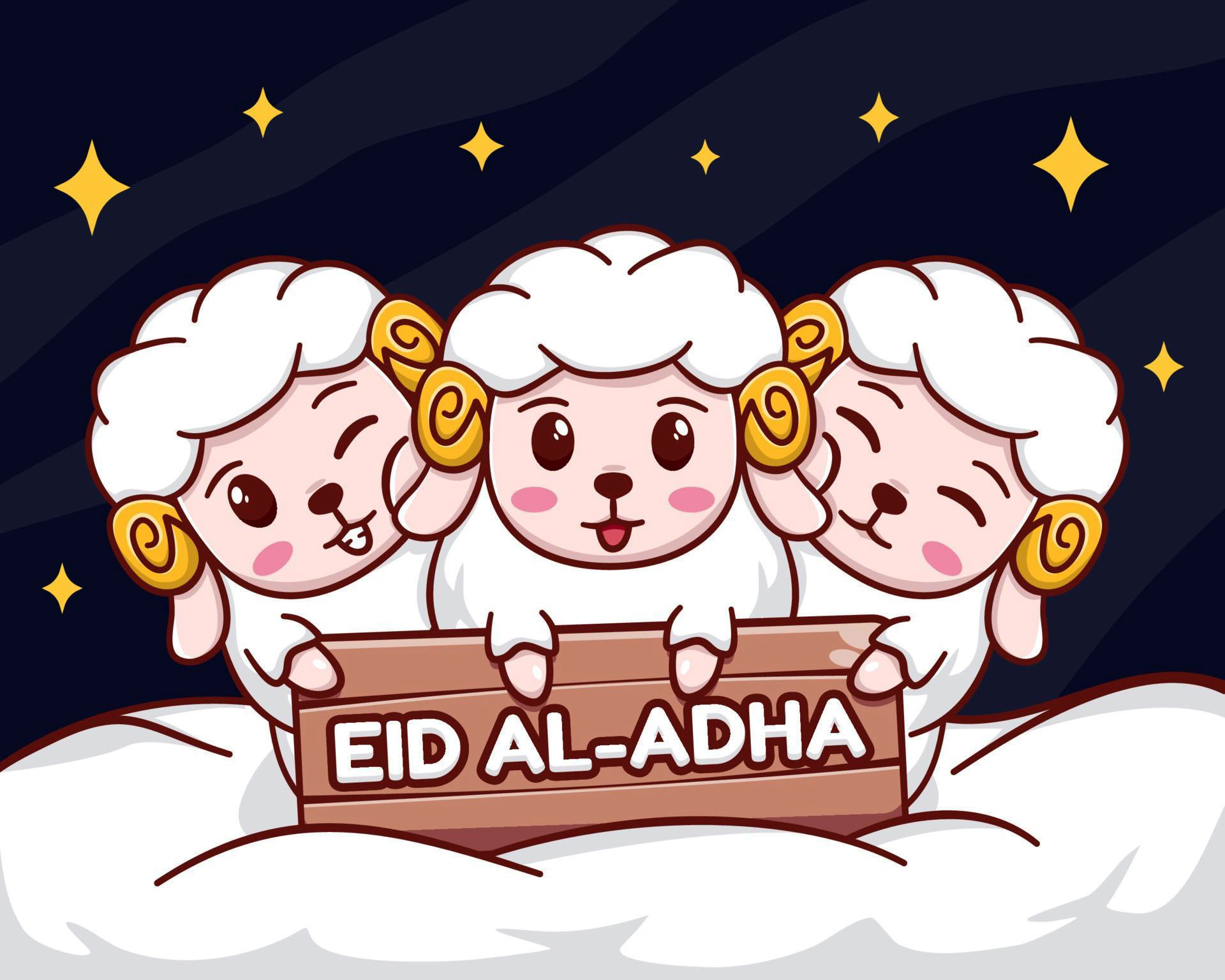eid al adha mubarak with cute sheep cartoon illustration vector