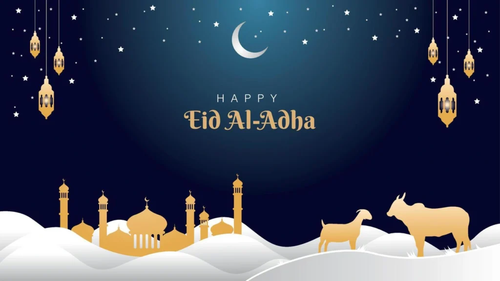 happy eid al adha with mosque free vector