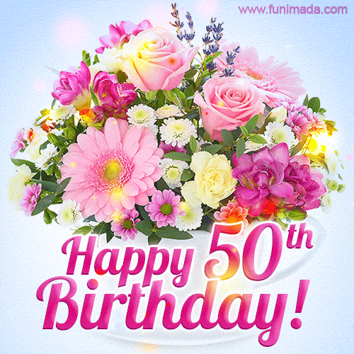 Happy 50th Birthday Greeting Card Beautiful Flowers and Flashing Sparkles 1