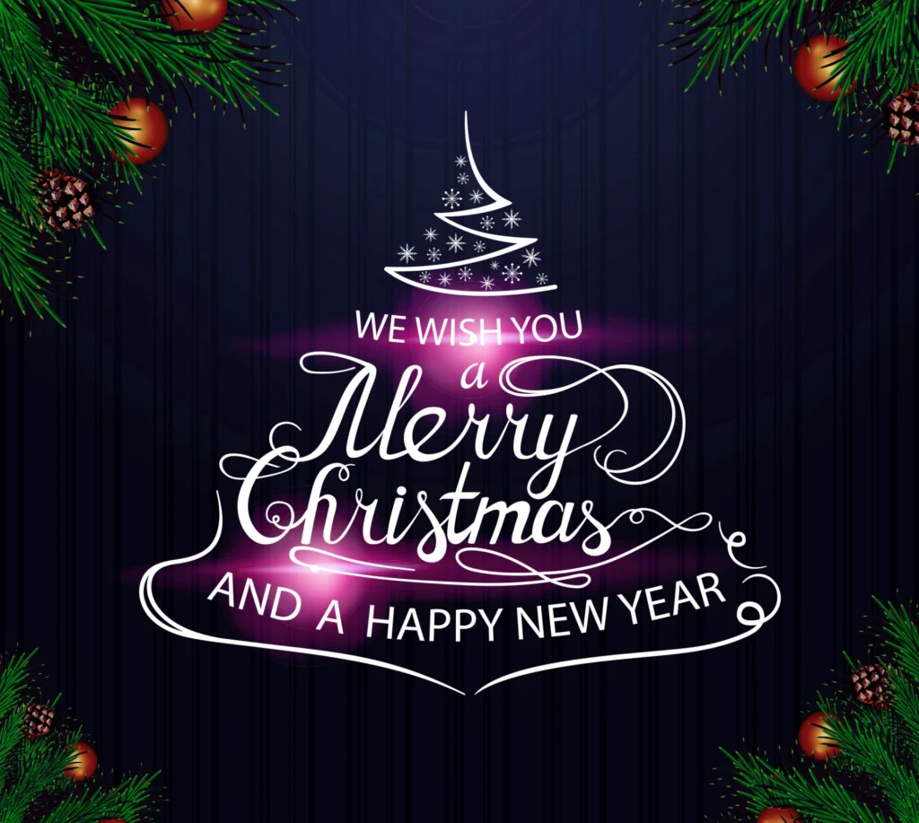 we wish you a merry christmas and a happy new year christmas calligraphic sign in form of christmas tree on dark background free vector