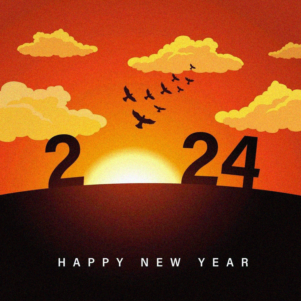 2024 sunrise silhouette happy new year 2024 vector