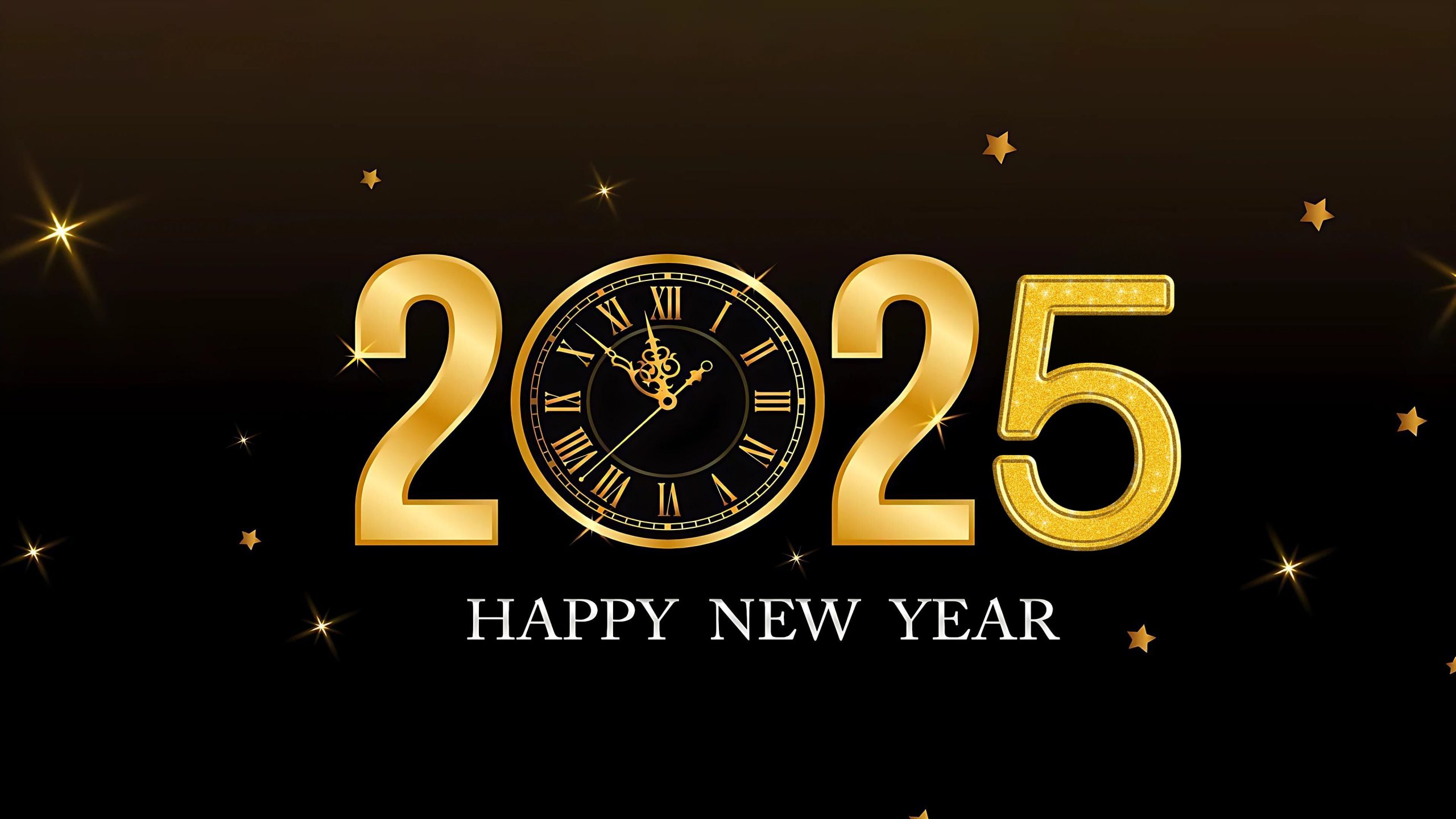 2025 happy new year with golden texture numbers clock and light 4k UHD Wallpaper