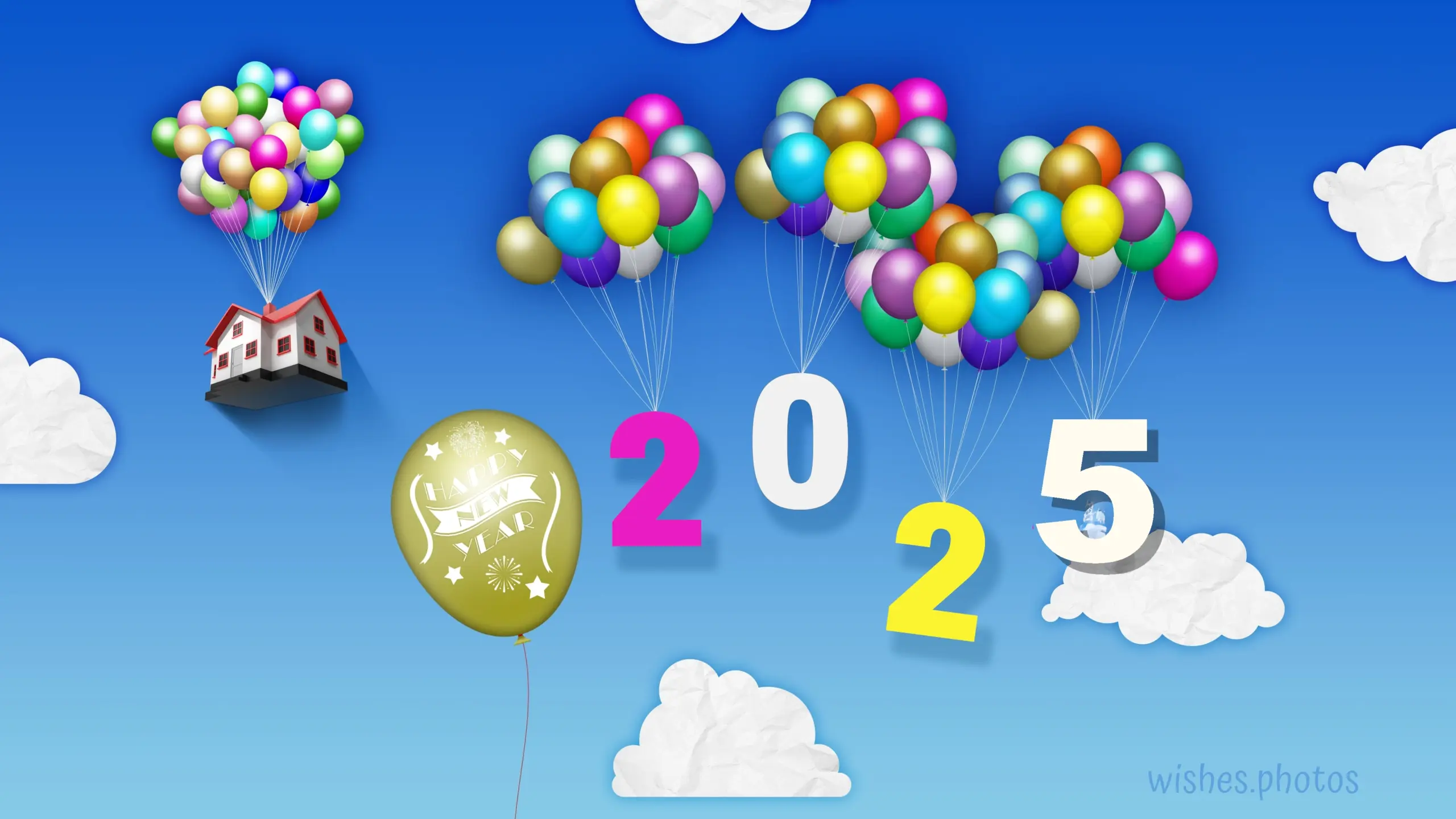 2025 year happy new year balloon house sky hd wallpaper 4K UHD