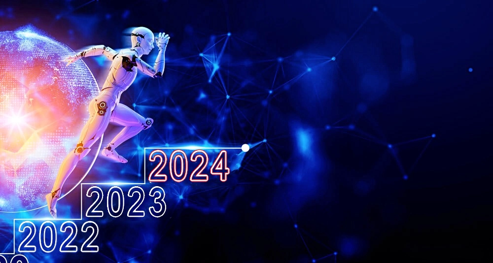 3D Android robot runs across 2023 to 2024 cyberspace background happy new year 2024 image