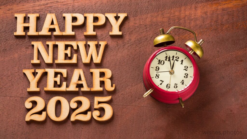 Alarm clock with 2025 text. New Year concept wishes.photos