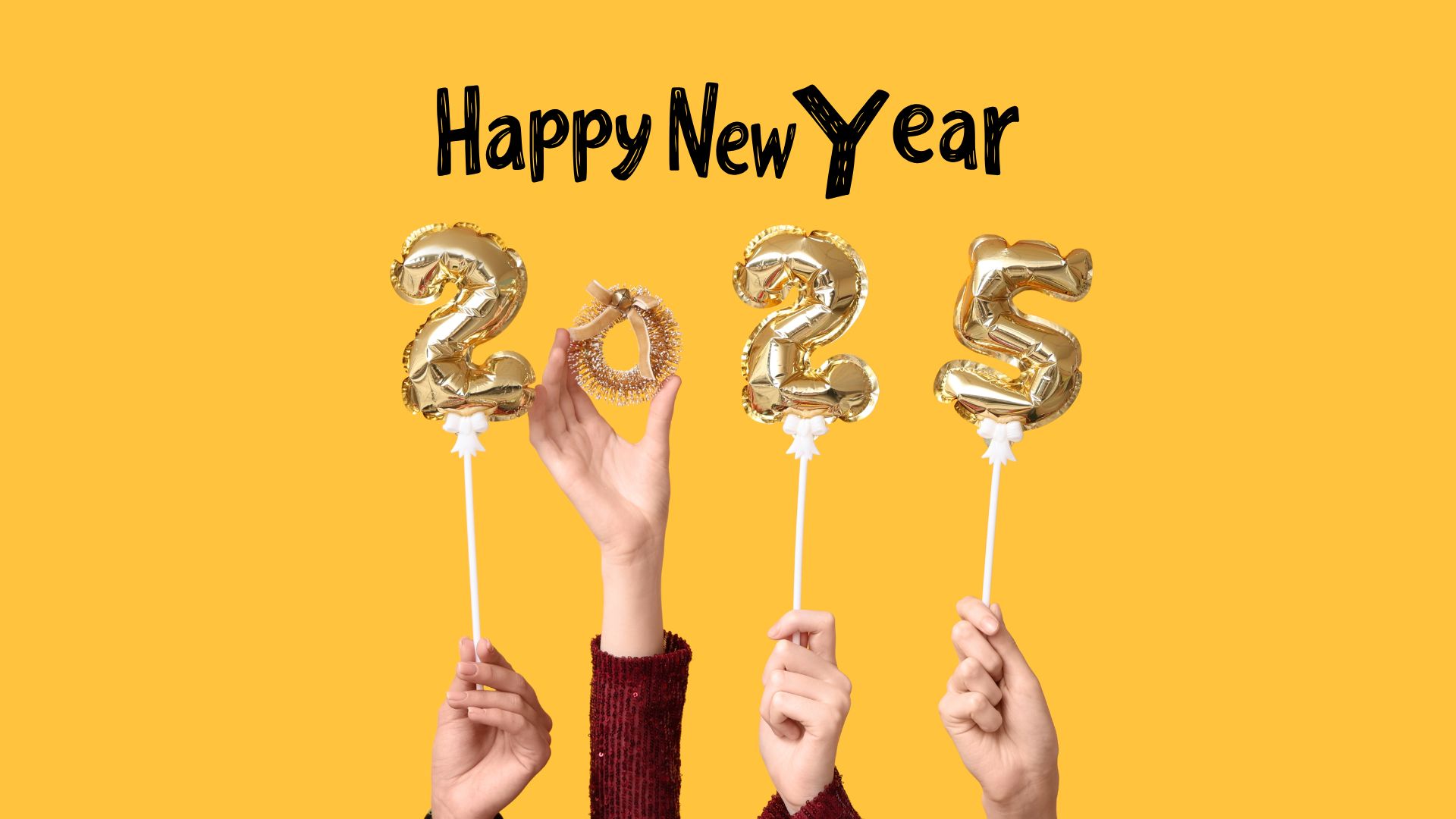 Female Hands with Figure 2025 Made of Foil Balloons and Christmas Decoration on Yellow Background