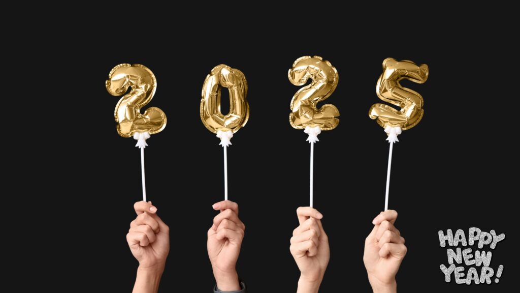 Female Hands with Figure 2025 Made of Foil Balloons on Black Background