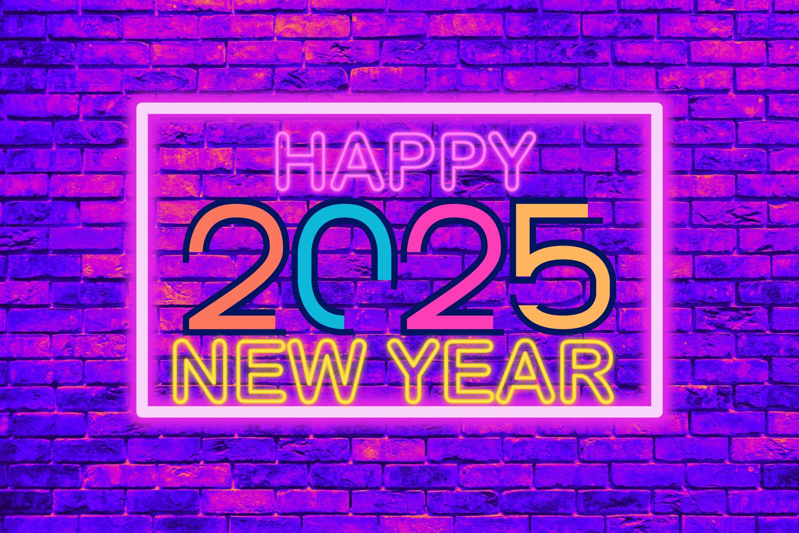 Happy New Year 2025 neon light on wall 4K UHD wallpaper download