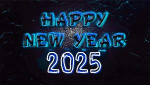 Happy New Year 2025 wallpapers with aqua color shadow effect on metal text. 4K Ultra HD image for desktop pc