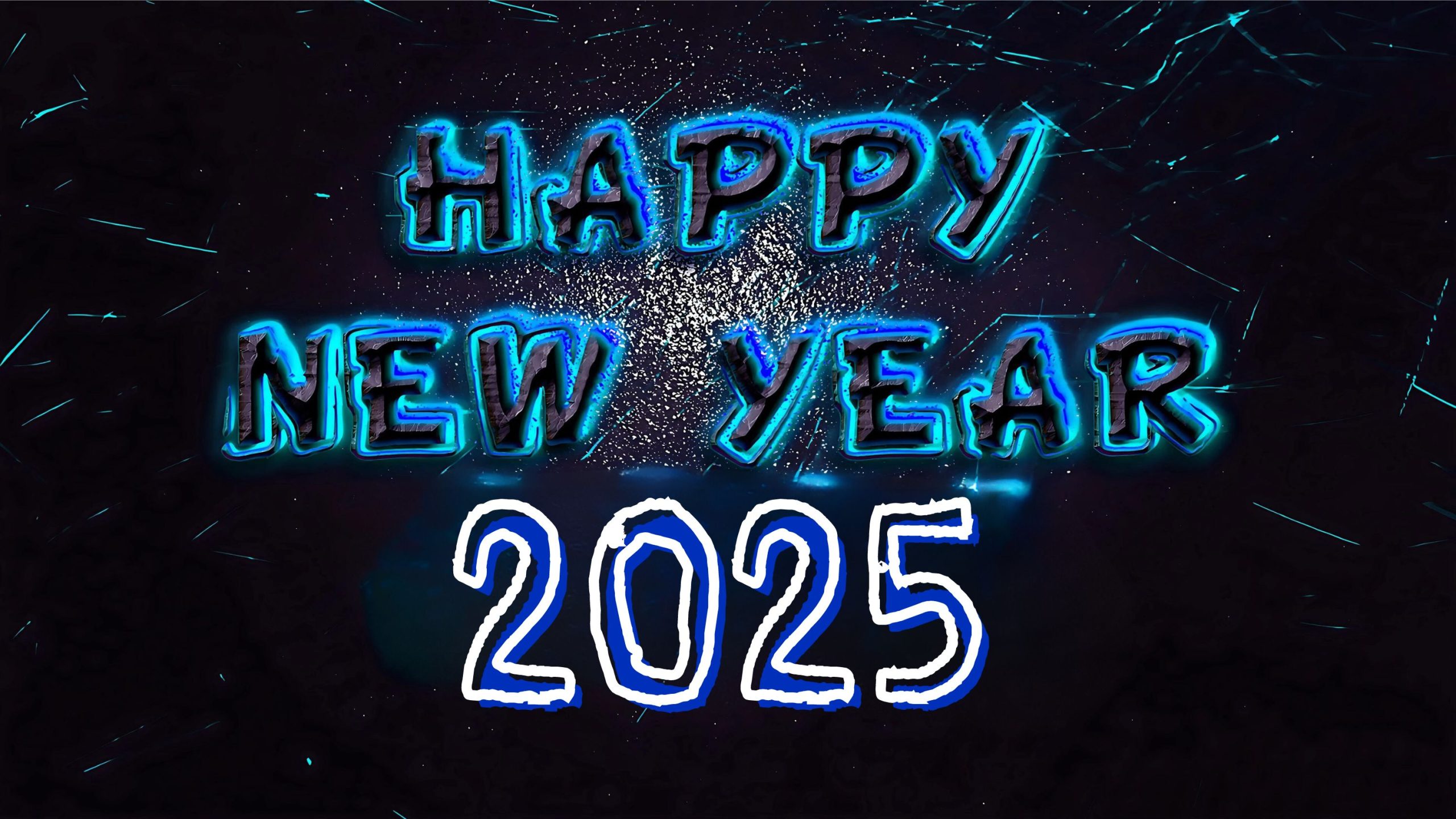 Happy New Year 2025 wallpapers with aqua color shadow effect on metal text. 4K Ultra HD image for desktop pc