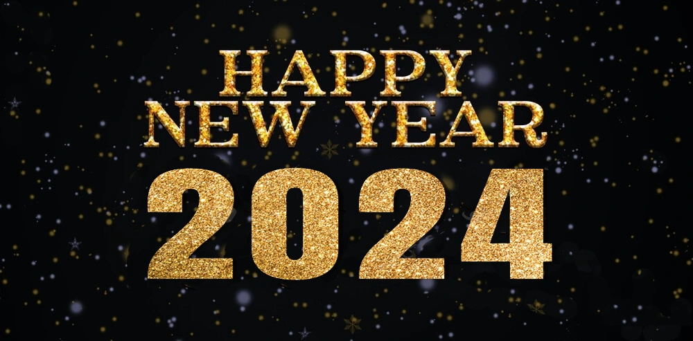 happy new images 2024 gold glitters with black background