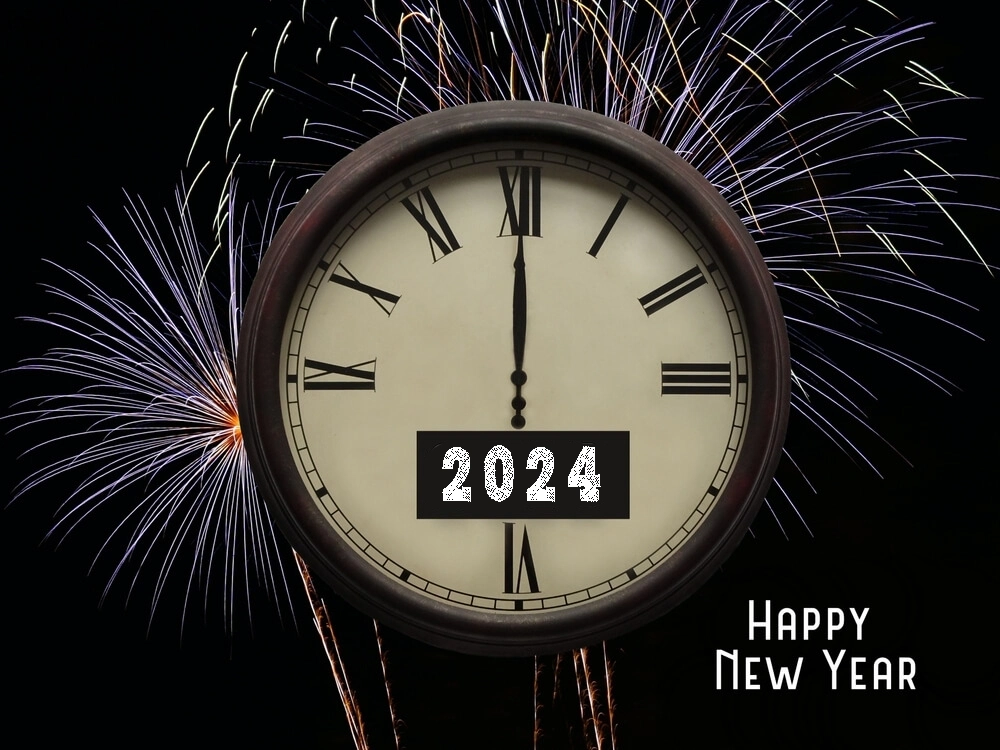 happy new year 2024 o'clock with bg fireworks