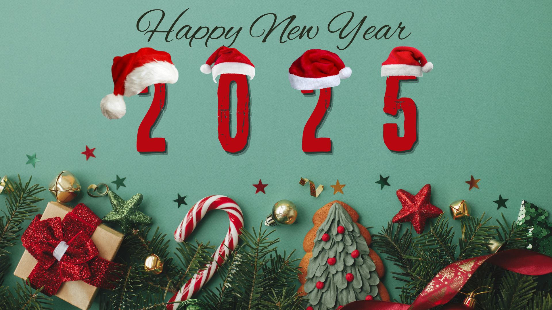 happy new year 2025 numbers 2025 with santa claus hat reindeerdeer antlers star and garland image