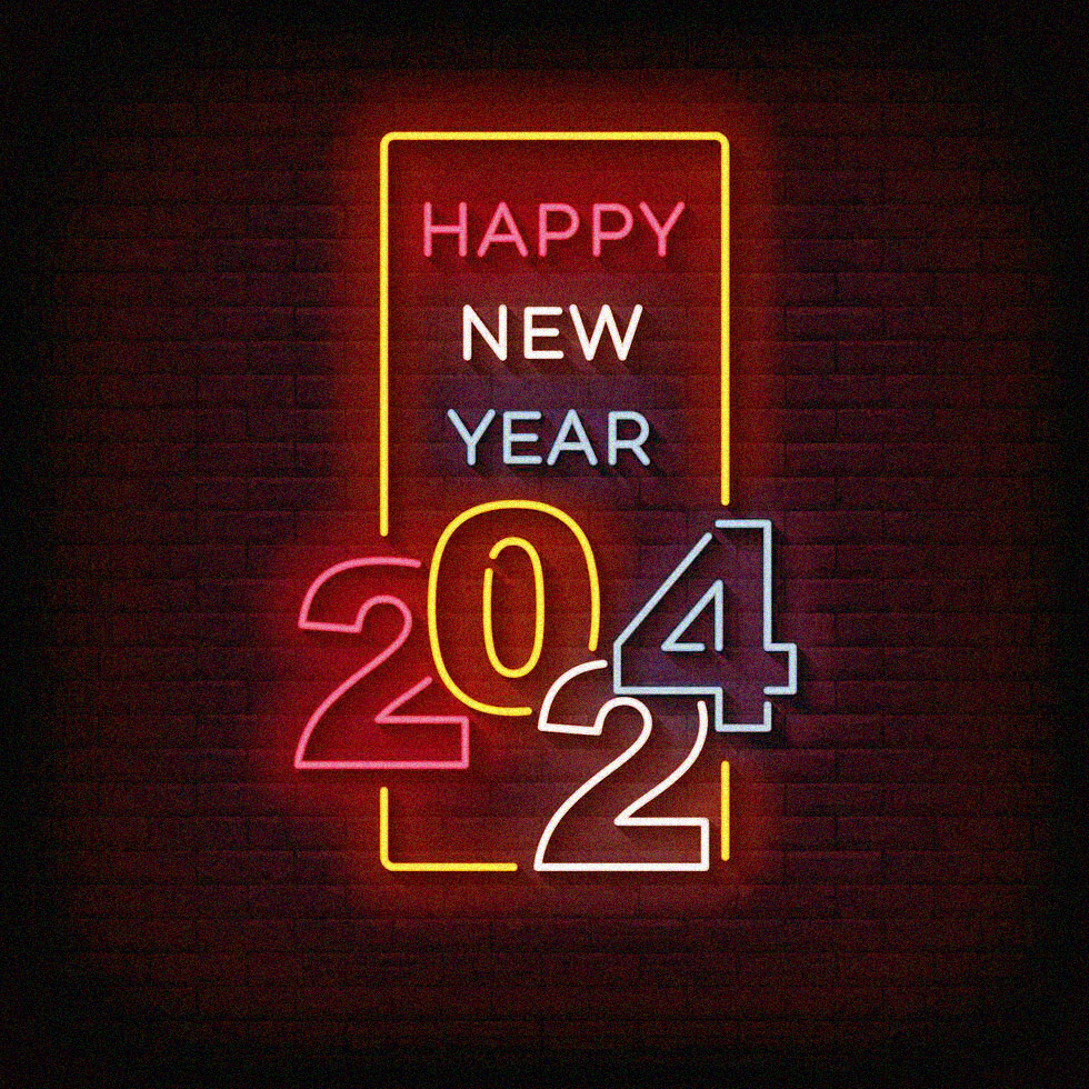 neon sign happy new year 2024 with brick wall background free vector