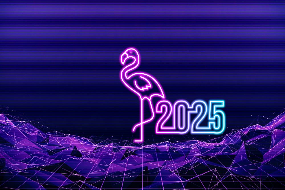 neon sign happy new year 2025 with brick wall background free vector