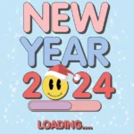 new year 2024 groovy hippie christmas smile vibes trendy retro cartoon style happy new year