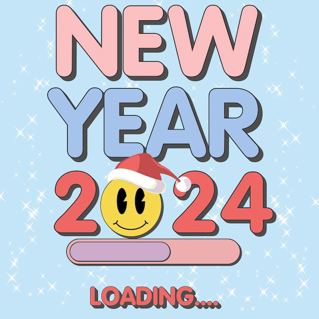 new year 2024 groovy hippie christmas smile vibes trendy retro cartoon style happy new year