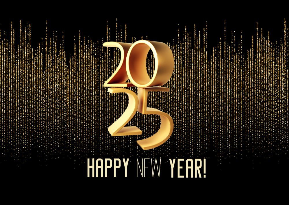 new year 2025 celebrations gold greetings poster isolated over black background holiday greeting image