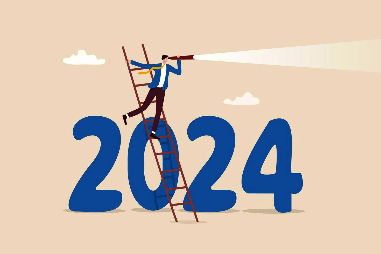 year 2024 business outlook forecast or plan ahead vision for future success new year goal or achievement company target or hope concept businessman climb up on year 2024 to see business outlook vector
