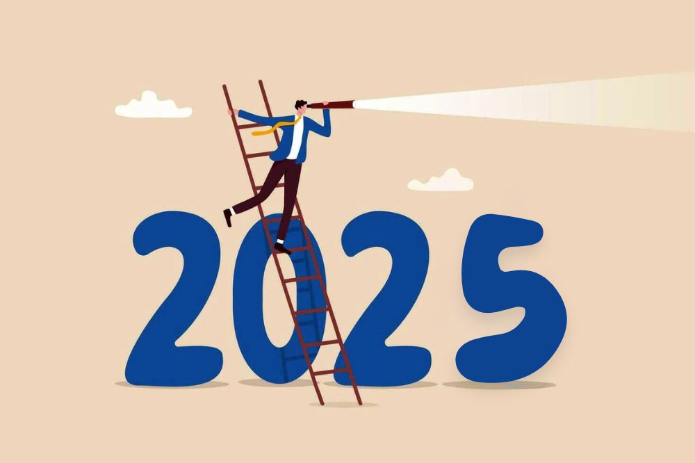 year 2025 business outlook forecast or plan ahead vision for future success new year goal or achievement company target or hope concept businessman climb up on year 2025 to see business outlook vector