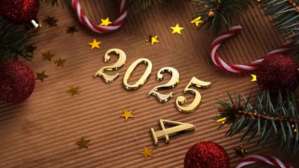 New Year 2025 beige background. Number of the coming year in Christmas decoration